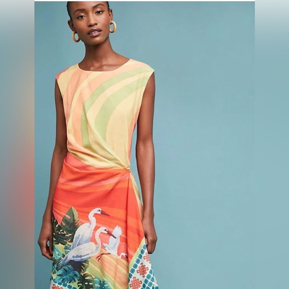 Anthropologie Eva Franco Crane Print Tropical Rainbow Dress Size 2 - Picture 2 of 8